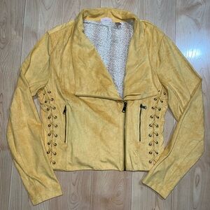 Chic Yellow Suede Leather Jacket with Lace-Up Sides